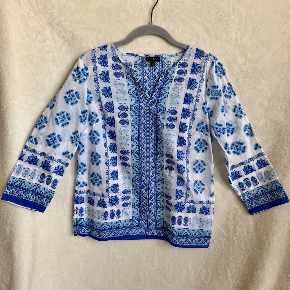 Talbots Petites Blue White Block Print Boho Tunic Top V Neckline Cotton Size P